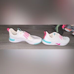 Nike Women's White and Pink Sneakers with Teal Accents